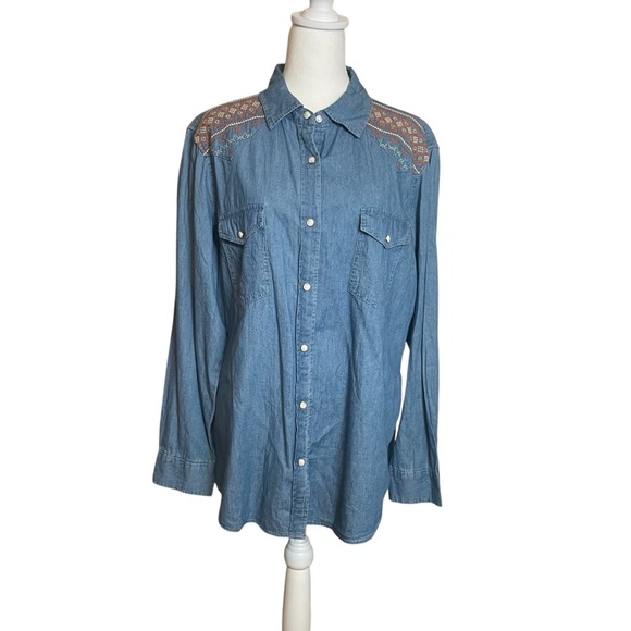 Wrangler Retro Boyfriend Style Embroidered Pearl Snap Chambray Top Large Western - Picture 3 of 12